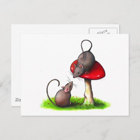Carte Postale Deux petites souris mignonnes et un champignon : (Devant / Derrière)