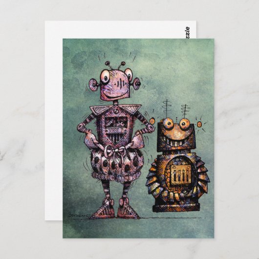Carte Postale Deux Robots Drôle ! (Devant / Derrière)