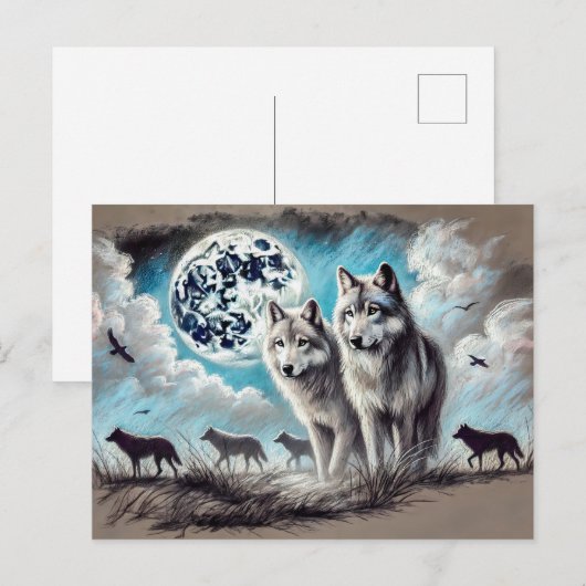 Carte Postale Deux Wolves à Moonlight with Pack (Devant / Derrière)
