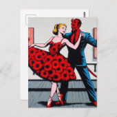 Carte Postale Devil danse avec une femme en robe rouge florale (Devant / Derrière)