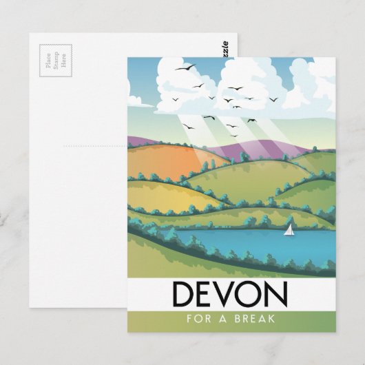 Carte Postale Devon "pour une pause" affiche de voyage d'été (Devant / Derrière)