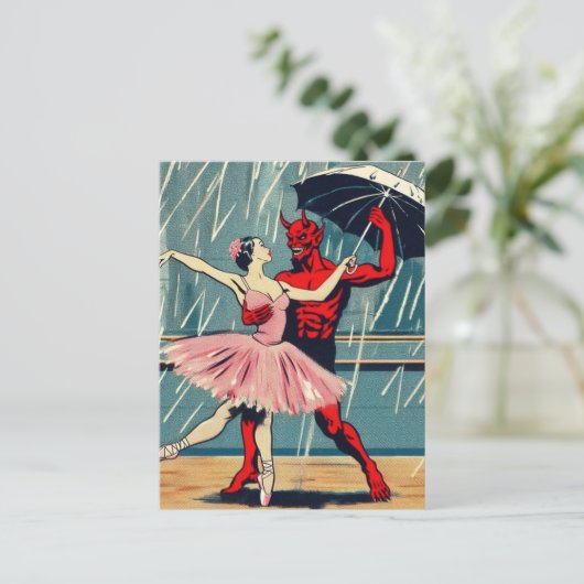 Carte Postale Diable d'art rétro avec danseuse de ballet en plui (Debout devant)