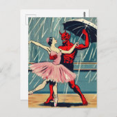 Carte Postale Diable d'art rétro avec danseuse de ballet en plui (Devant / Derrière)