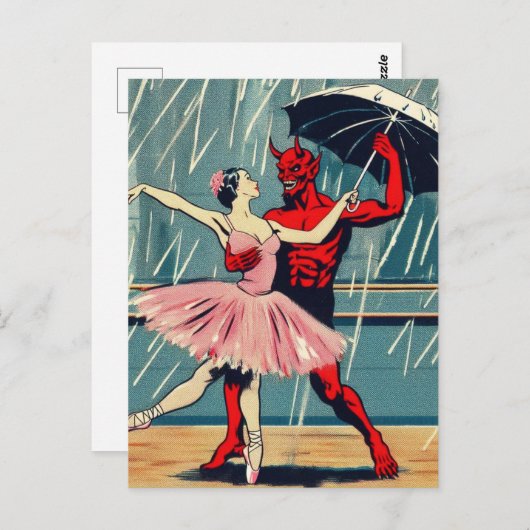 Carte Postale Diable d'art rétro avec danseuse de ballet en plui (Devant / Derrière)
