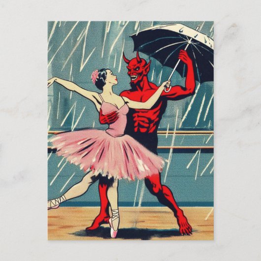 Carte Postale Diable d'art rétro avec danseuse de ballet en plui (Devant)