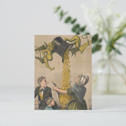 Carte Postale Diables versant des pièces d'or dans le tablier d' (Debout devant)