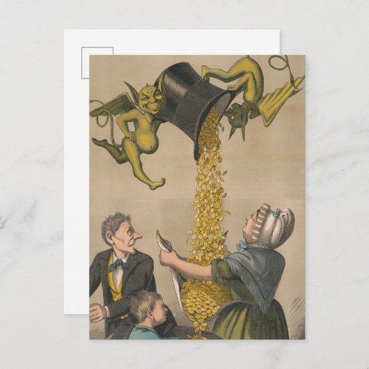 Carte Postale Diables versant des pièces d'or dans le tablier d' (Devant / Derrière)