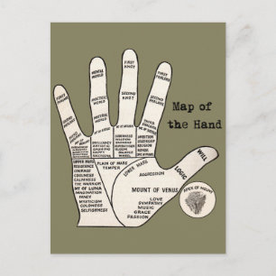 Carte Postale Diagramme de la main de lecteur de paume antique :