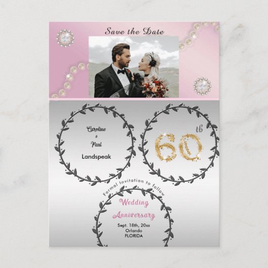Carte Postale Diamant or rose 60e anniversaire Enregistrer la da (Devant)