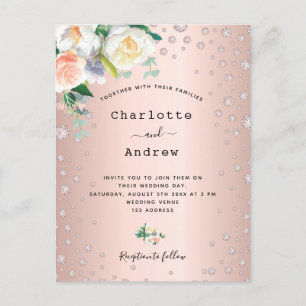 Carte Postale diamants rose or rose fleurie glamour mariage