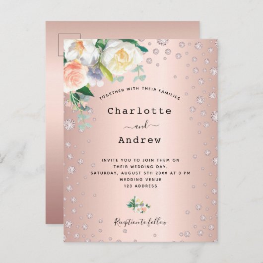 Carte Postale diamants rose or rose fleurie glamour mariage (Devant / Derrière)