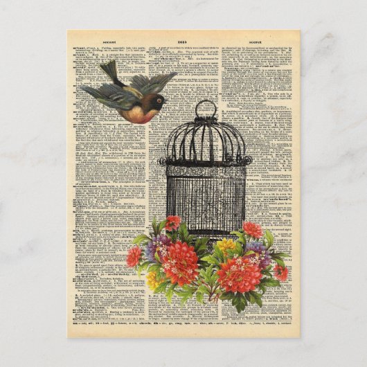 Carte Postale Dictionnaire vintage Art Bird and Cage with Flower (Devant)