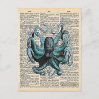 Carte Postale Dictionnaire vintage Art Bleu Océan Octopus