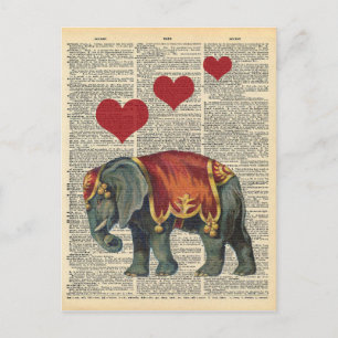 Carte Postale Dictionnaire vintage Art Cirque Elephant Love