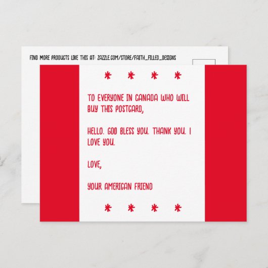 Carte Postale Dieu bénisse le Canada. Amour, Votre Ami Américain (Devant / Derrière)