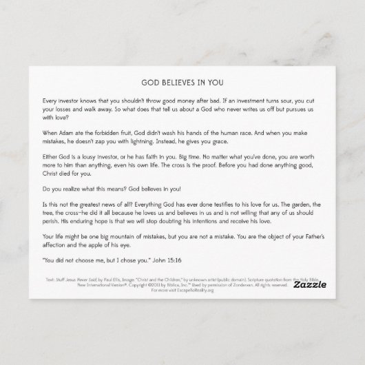 Carte Postale Dieu croit en vous (SJNS) (Dos)