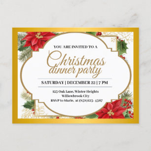 Carte Postale Dîner de Noël élégant Gold & Poinsettia