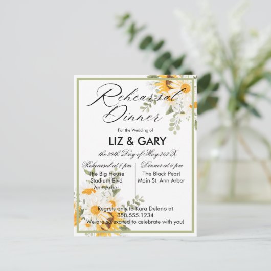 Carte Postale Dîner de répétition de tournesol floral d'aquarell (Debout devant)