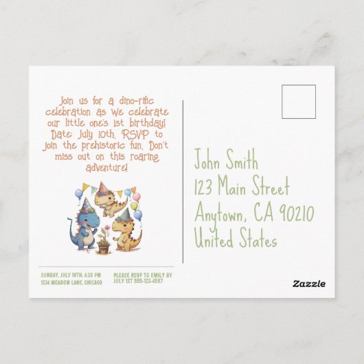 Carte Postale Dino Anniversaire Bash (Dos)