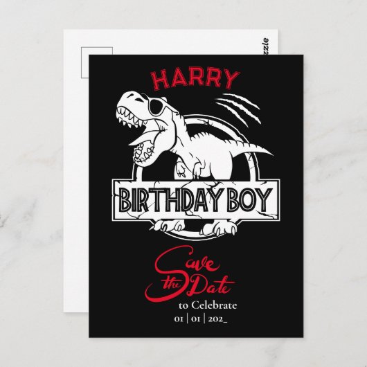 Carte Postale Dino, sauvegardez la date Garçon d'anniversaire (Devant / Derrière)