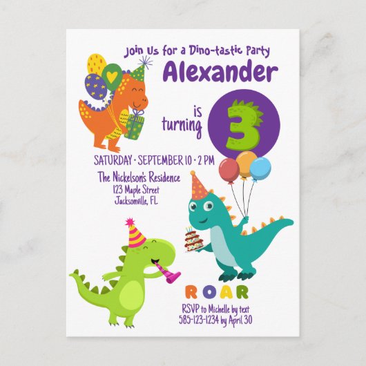 Carte postale Dino-tastic 3 ans Anniversaire (Devant)