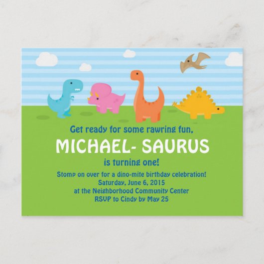 Carte Postale Dinosaur 1er anniversaire Invitation (Devant)