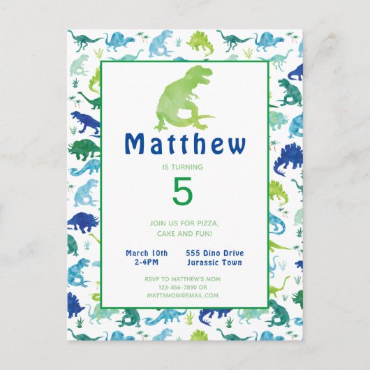 Carte Postale Dinosaur Anniversaire Fête T-Rex Invitation pour e (Devant)