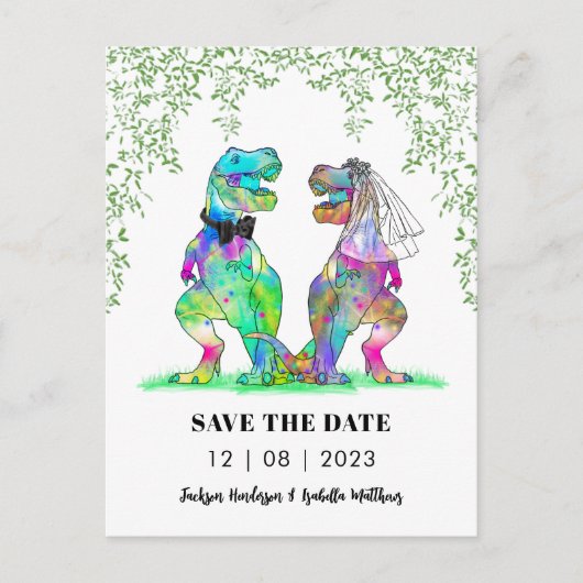 Carte Postale Dinosaur Mariage à thème Enregistrer la date Drôle (Devant)