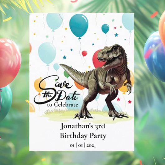 Carte Postale Dinosaur  T-Rex Ballons Enregistrez la date 