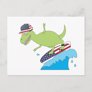 Carte Postale Dinosaure Américain Surfant avec Drapeau