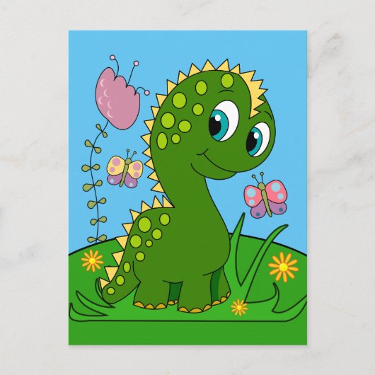Carte Postale Dinosaure Caricature, Fleurs Et Papillons (Devant)