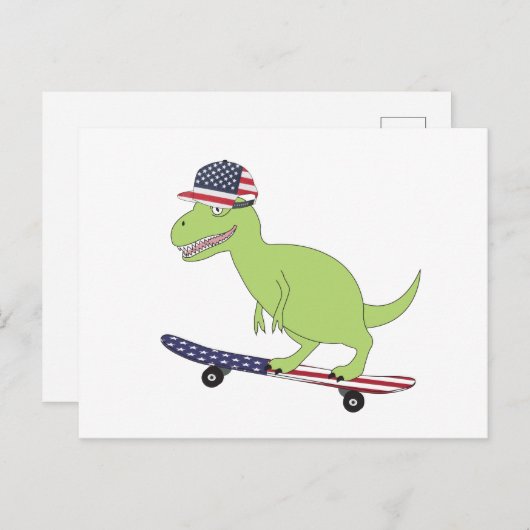 Carte Postale Dinosaure de skateboard avec drapeau américain (Devant / Derrière)