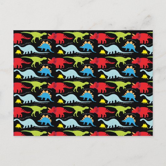 Carte Postale Dinosaure Dessins bleu rouge vert sur noir (Devant)