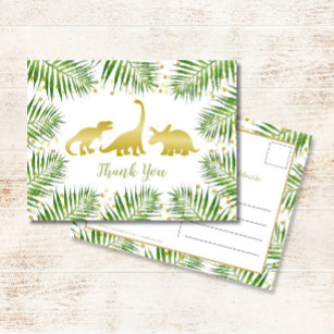 Carte Postale Dinosaure d'or Merci de Baby shower tropical