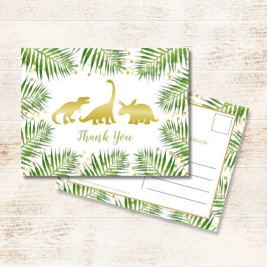 Carte Postale Dinosaure d'or Merci de Baby shower tropical