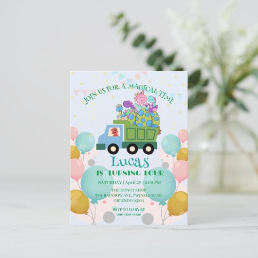 Carte Postale Dinosaure drôle Camion à ordures Nom de fête d'ann (Debout devant)