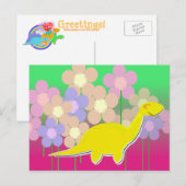Carte postale Dinosaure mignonne et Fleurs (Devant / Derrière)