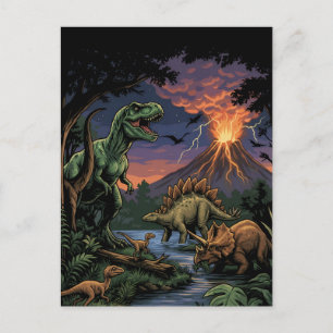Carte Postale Dinosaure Rex et Triceratops Jurassique Vintage