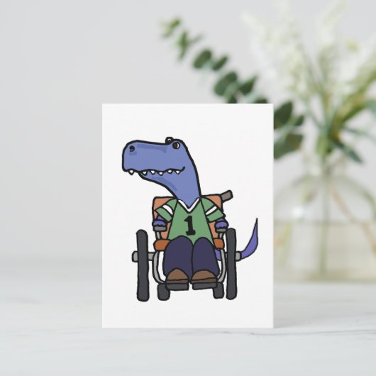 Carte Postale Dinosaure T-rex mignon en fauteuil roulant (Debout devant)