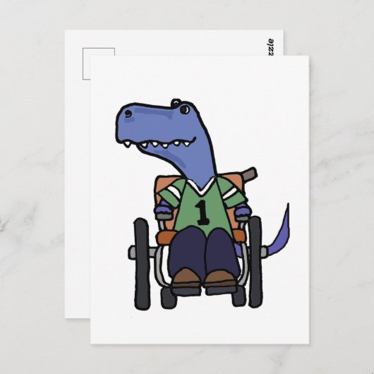 Carte Postale Dinosaure T-rex mignon en fauteuil roulant (Devant / Derrière)