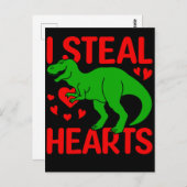 Carte Postale Dinosaure Vert Valentine I Voler Coeurs (Devant / Derrière)