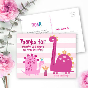 Carte Postale Dinosaures roses mignonnes Merci d'anniversaire fi