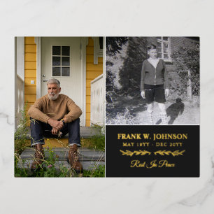 Carte Postale D'invitation À Feuilles D'aluminium 2 Photo Repos En Paix Funeral Gold