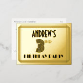 Carte Postale D'invitation À Feuilles D'aluminium 3rd Birthday Party ~ Art Deco Style “3” + Name (Recto/Verso)