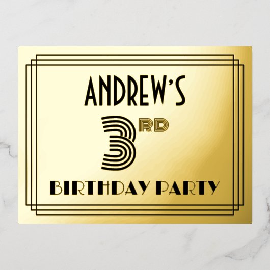 Carte Postale D'invitation À Feuilles D'aluminium 3rd Birthday Party ~ Art Deco Style “3” + Name (Recto)