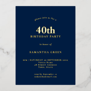 Carte Postale D'invitation À Feuilles D'aluminium 40e anniversaire minimaliste Marine Blue Glam Foil