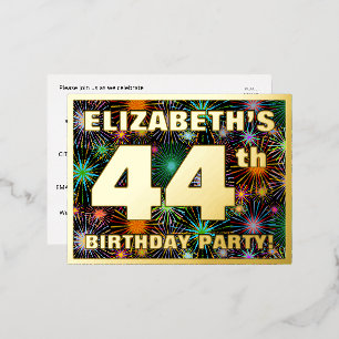 Carte Postale D'invitation À Feuilles D'aluminium 44e Birthday Party : Bold, Colorful Fireworks Look