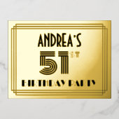 Carte Postale D'invitation À Feuilles D'aluminium 51e fête d'anniversaire ~ Style Art Déco "51" + No (Recto)