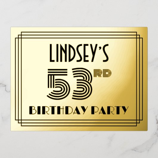 Carte Postale D'invitation À Feuilles D'aluminium 53rd Birthday Party ~ Art Deco Style “53” + Name (Recto)