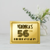 Carte Postale D'invitation À Feuilles D'aluminium 56th Birthday Party ~ Art Deco Style “56” + Name (Debout devant)
